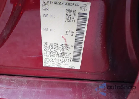 2015 Nissan Altima 2.5/2.5 S/2.5 Sl/2.5 Sv z USA, uszkodzony, nr VIN 1N4AL3AP3FN921168